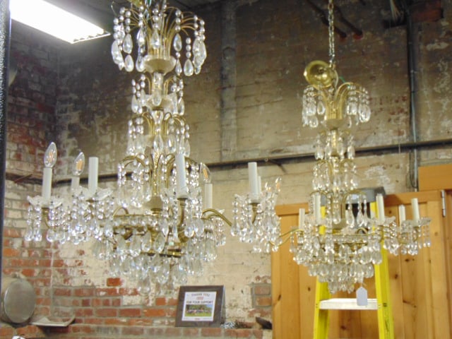 Pair crystal chandeliers, 8 arms each, bottom tiered design, 33" tall, some missing crystals. (1 of 6)