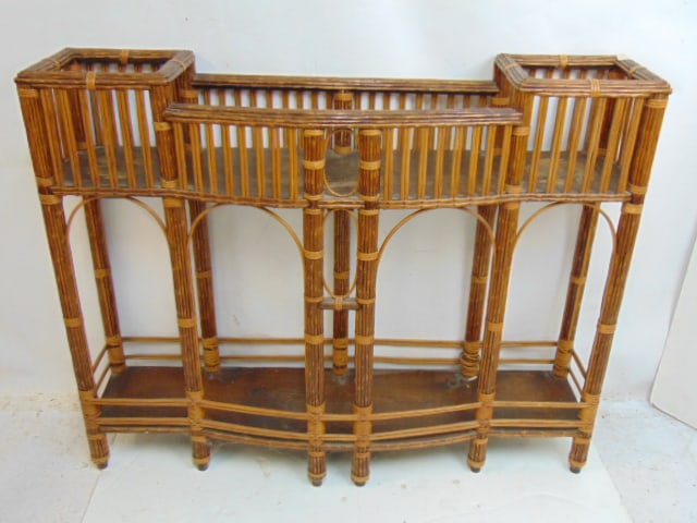 Rattan planter, plant stand with lower shelf, planter is 46.75" wide, 11.75" deep, height is 37.5" (1 of 3)