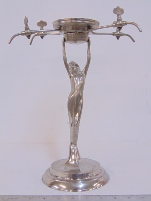 Art deco style absinthe fountain base, no reservoir, figural base with 4 spouts, height is 14",: Art deco style absinthe fountain base, no reservoir, figural base with 4 spouts, height is 14", 10.25" wide, 5.5" deep (measured at top 288)