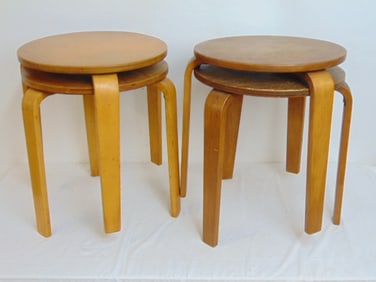 Set 4 Aalto stools, no marks, each stool is 14 5/8" wide (top), height is 16.75", finish, varnish