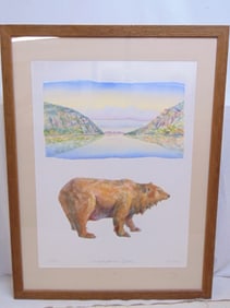Painting, "Highlands Bear", signed Don Nice, watercolor, bear & Hudson River scene, 29.5" by 22" (
