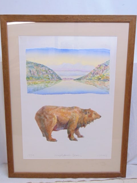 Painting, "Highlands Bear", signed Don Nice, watercolor, bear & Hudson River scene, 29.5" by 22" ( (1 of 5)