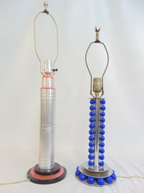 2 machine age table lamps, aluminum column lamp with plastic trim in pink & black & chrome table