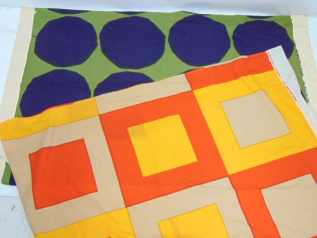 2 Finland fabric panels, Marimekko Oy Suomi Finland, 1967, Kerstin Ratia Design "Beeta", 55.5" by: 2 Finland fabric panels, Marimekko Oy Suomi Finland, 1967, Kerstin Ratia Design "Beeta", 55.5" by 34" & Maija Isola Design "Kivet", has water damage,