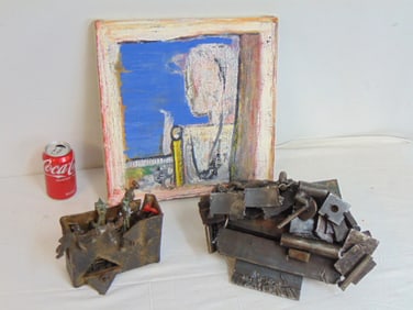Painting & 2 sculptures, small oil on canvas, "Lot's Wife", by John Cotner 1987, 15.25" by 15", 2