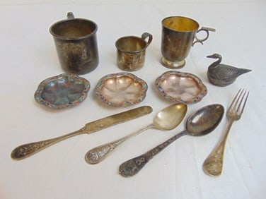 Sterling silver lot, cups, some flatware, enamel edge bowls, 12.5 troy