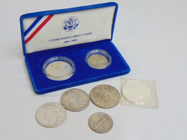 5 Silver dollars & Liberty coin two pc set 1986 half dollar & 1986 one dollar Ellis Island