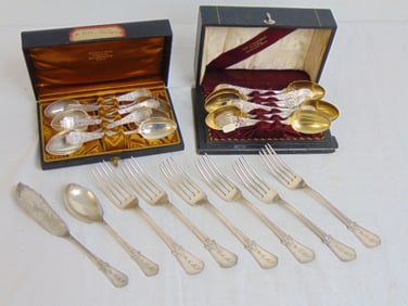 Lot silver flatware, including 2 boxes sets of early spoons, set of 6 fancy silver spoons by Starr &