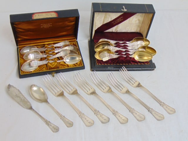 Lot silver flatware, including 2 boxes sets of early spoons, set of 6 fancy silver spoons by Starr & (1 of 9)