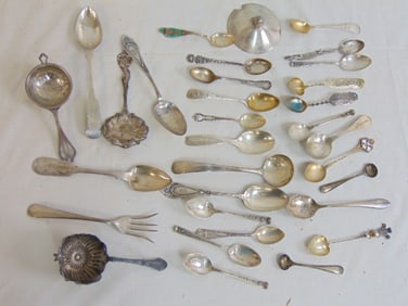 Lot sterling silver spoons, tea strainers & misc. silver, 14.5 troy
