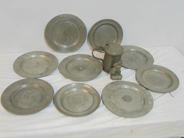 Antique lot of Pewter includes tankard, mold, & 9 plates