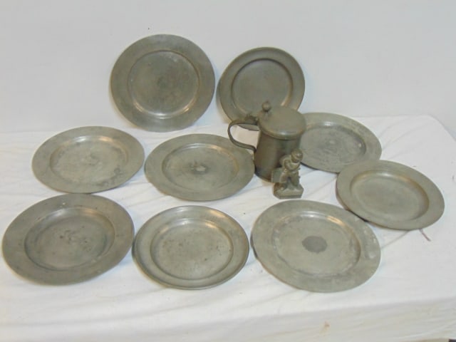 Antique lot of Pewter includes tankard, mold, & 9 plates (1 of 4)