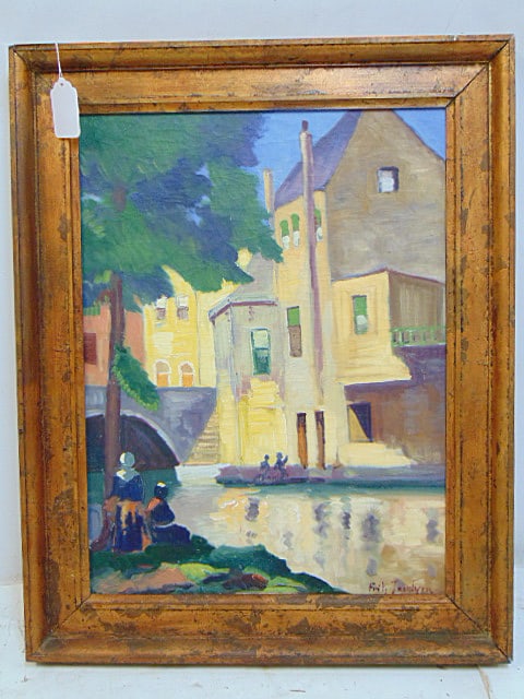 Painting, Oil on canvas, canal scene with house, signed Fritz Jacobson? 29 1/2" x 24" total overall: Painting, Oil on canvas, canal scene with house, signed Fritz Jacobson? 29 1/2" x 24" total overall measurement