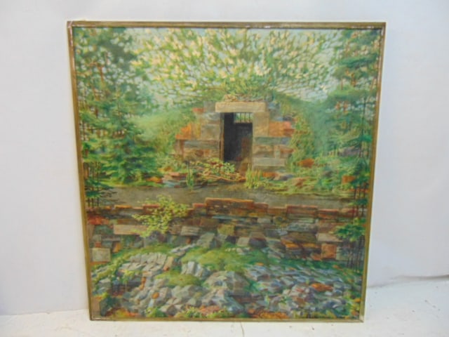 Painting, Vintage Oil on canvas, landscape with trees, old repair see photos, unsigned, 49 1/2" x 51: Painting, Vintage Oil on canvas, landscape with trees, old repair see photos, unsigned, 49 1/2" x 51 1/2" total overall measurement