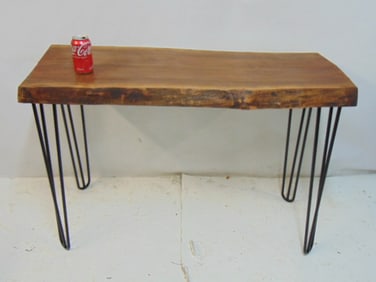 Rustic wood top table with iron legs, 43" x 16x 30"
