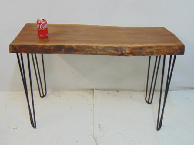 Rustic wood top table with iron legs, 43" x 16x 30" (1 of 3)