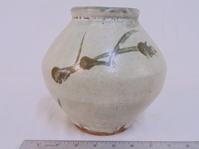 Japanese studio pottery vase by Hamada Shoji, stoneware with designs, # 41, vase is 7.25" tall, (1 of 5)