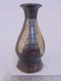 Japanese studio pottery vase by Hamada Shoji, stoneware with glaze, # 127, vase is 7 7/8" tall, good