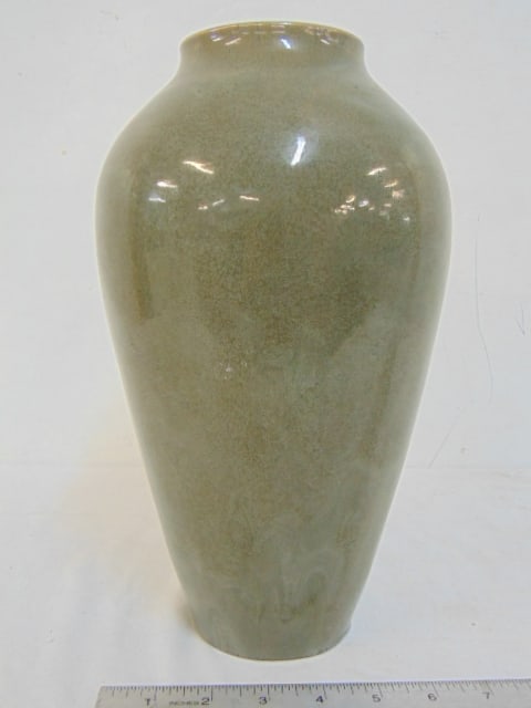 Grey art pottery vase, signed & dated (illegibly), has small glaze chip bottom edge, otherwise in (1 of 5)