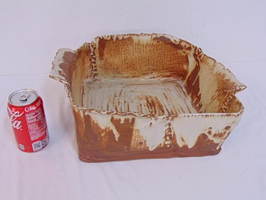 Studio pottery planter, bowl, square, in brown & grey, 15" by 12.5", height is 6.25", signed "P.R."