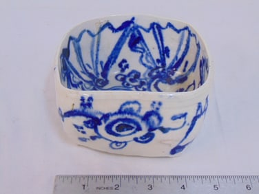 Blue & white decorated ceramic tea bowl by Margaret Israel, 5" by 5", height is 2.75" (average),