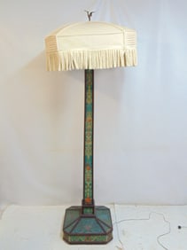 Decorative floor lamp, wood base with decorated oil on linen decorations, with large shade, height
