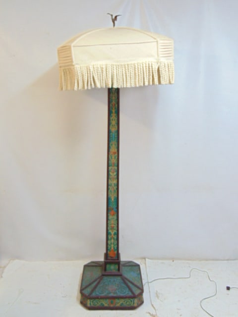 Decorative floor lamp, wood base with decorated oil on linen decorations, with large shade, height (1 of 6)