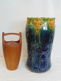 Dansk teak ice bucket & Umbrella stand glazed pottery, 21" height