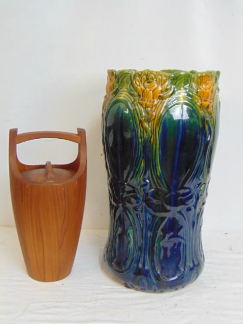 Dansk teak ice bucket & Umbrella stand glazed pottery, 21" height (1 of 4)