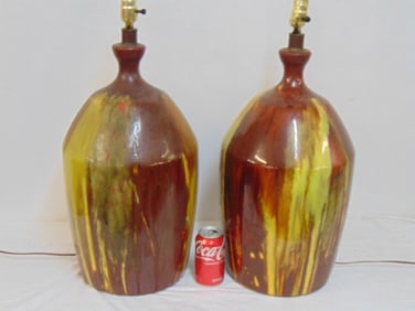 Pair large Mid Century pottery lamp bases with drip glaze, no shades, each lamp is 24" tall