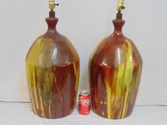 Pair large Mid Century pottery lamp bases with drip glaze, no shades, each lamp is 24" tall (1 of 4)