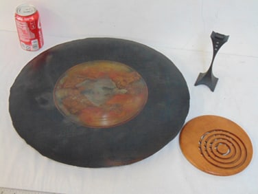 3 wood carvings, one signed Joel Montgomery (?), carved wood disc with lined interior, diameter is
