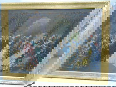 Large print, Franklin in Paris, with hand painted detail, gilt framed, 33.25" by 45.25"