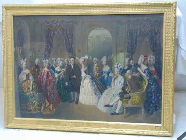 Large print, Franklin in Paris, with hand painted detail, gilt framed, 33.25" by 45.25": Large print, Franklin in Paris, with hand painted detail, gilt framed, 33.25" by 45.25"