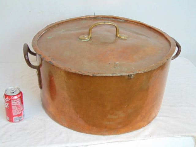 Large copper lidded pot with brass handle by Mutual, N.Y. City, lid has loose edge, 21" in diameter (1 of 3)