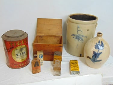 Lot, large tiger tin, crocks, wood box, old bottles, various small tine, crocs are as is, have