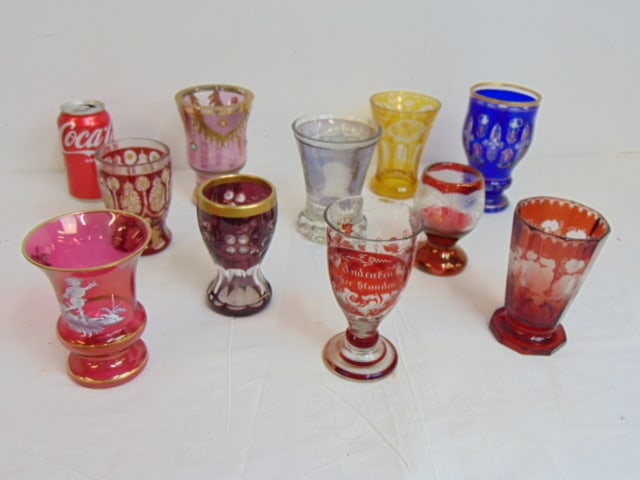 10 German & Bohemian glass goblets, various colors, includes inscribed goblet, "Wilhelm D, Kaiser,: 10 German & Bohemian glass goblets, various colors, includes inscribed goblet, "Wilhelm D, Kaiser, Konig V"