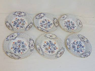 Set of 6 porcelain Meissen dinner plates, floral & gilt decorated with reticulated edge, 9.25", good