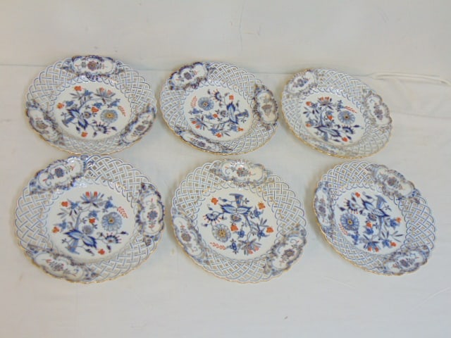 Set of 6 porcelain Meissen dinner plates, floral & gilt decorated with reticulated edge, 9.25", good (1 of 5)