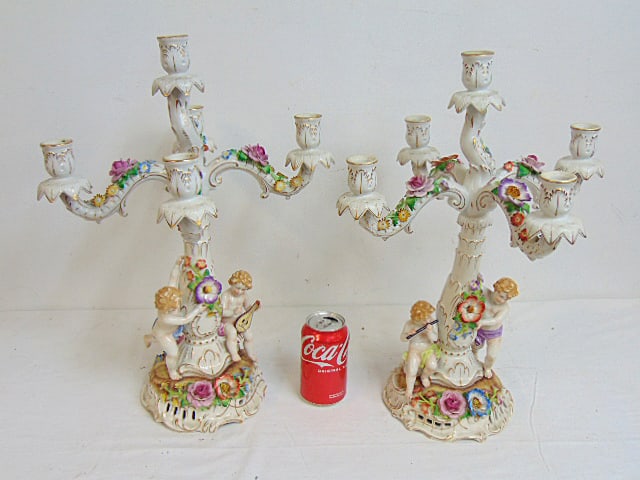 Pair porcelain figural base candelabra, putti playing instruments, 4 arms each, height is 19.5" (1 of 6)
