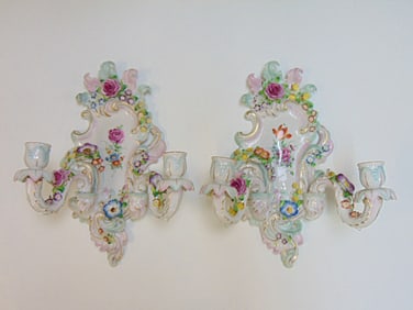 Pair porcelain floral decorated wall sconces, Von Schierholz, German, 16" tall, 12.5" wide, candle