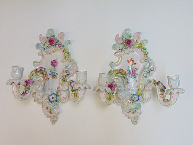 Pair porcelain floral decorated wall sconces, Von Schierholz, German, 16" tall, 12.5" wide, candle (1 of 5)