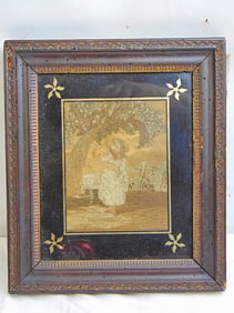 Small embroidery, girl with squirrel under tree, black eglomise border, carved frame, 10.75" by