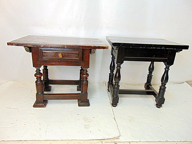 2 early stands, tables, one with drawer, black painted table is 24" by 18", height is 24.25", single (1 of 4)