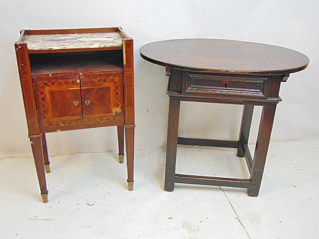 Inlaid marble top stand & small oval side table with single drawer, stand is 30.5" tall (1 of 5)