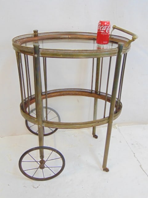 Tea cart, wood & brass, oval with glass top & bottom, cart is 25.25" wide, 17" deep, height is 32" (1 of 3)