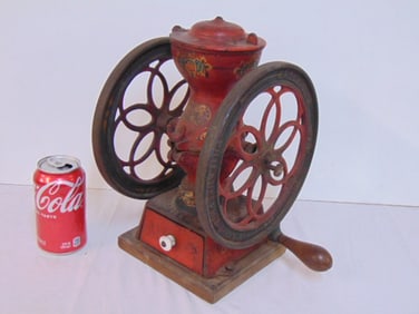 Small Enterprise coffee grinder in original paint, with drawer, on wood base & handle, 12.5" tall,