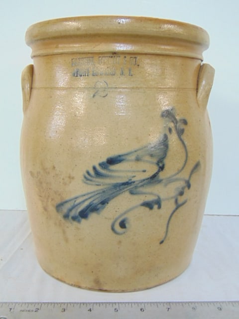 Stoneware crock, Haxstun Ottman & Co, Fort Edward, N.Y. with bird decoration, with handles, has: Stoneware crock, Haxstun Ottman & Co, Fort Edward, N.Y. with bird decoration, with handles, has hairline, height is 10.75", diameter is 9.5"