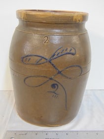 Stoneware crock, # 2 with blue swirl decoration, 11.25" tall, diameter is 9", minor chip on rim