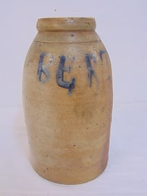 Stoneware crock, :Bert", 10" tall, no cracks, hairlines, diameter is 5 6/8"